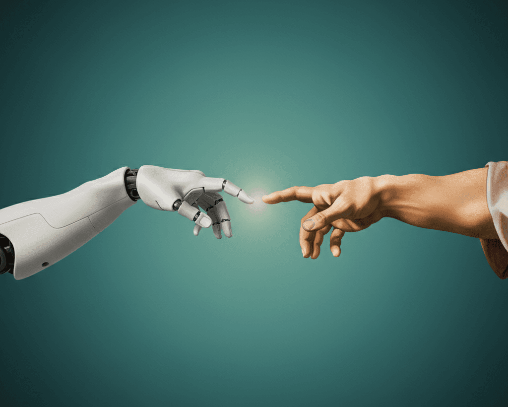 Verwijzing naar de Schepping van Adam waarbij de menshand een cyborg-variant is - symbool voor mens-AI samenwerking