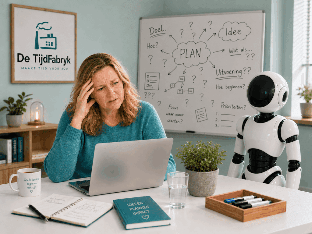 Gefrustreerde vrouw achter laptop met robot die niet helpt